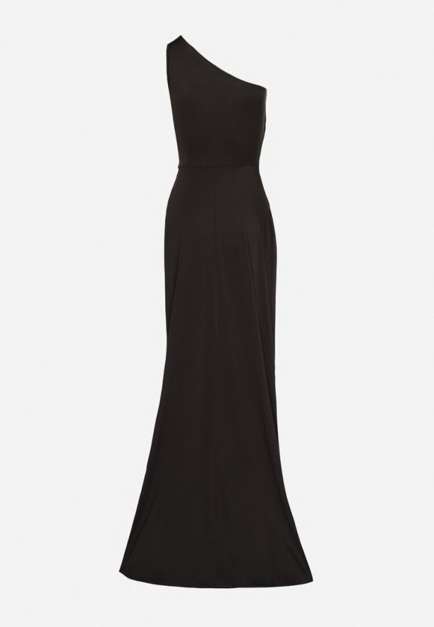 Czarna Sukienka na Jedno Ramię z Marszczeniem i Rozcięciem Talirisa