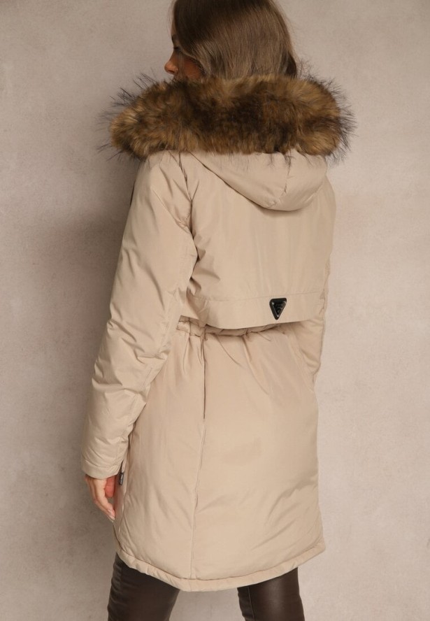Beżowa Klasyczna Kurtka Parka z Kapturem z Futrem Nalisava