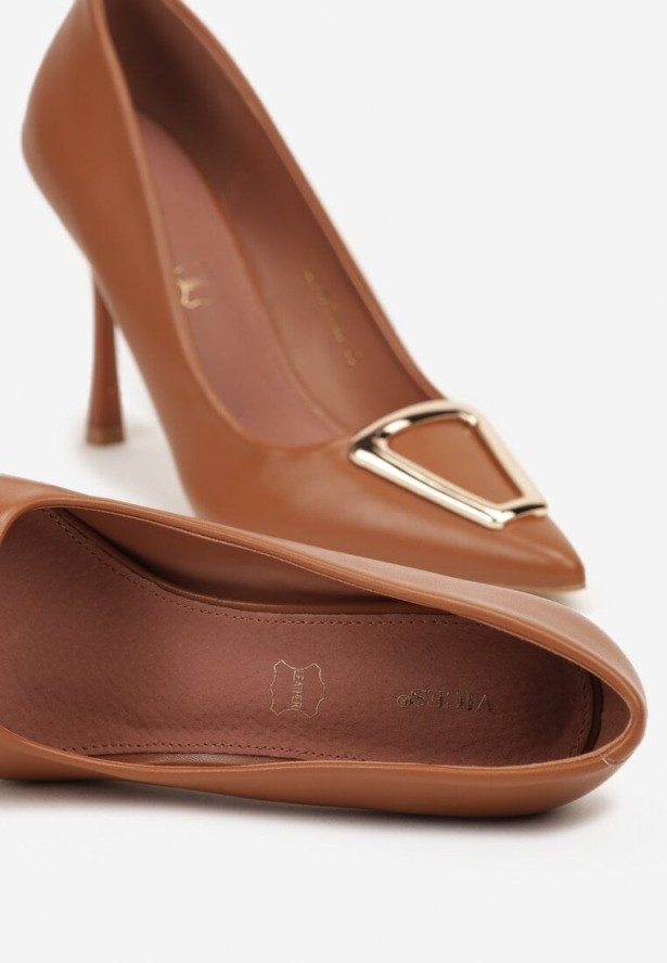 Brązowe Szpilki Vices z Wkładką ze Skóry Naturalnej Ozdobione Klamrą Miava