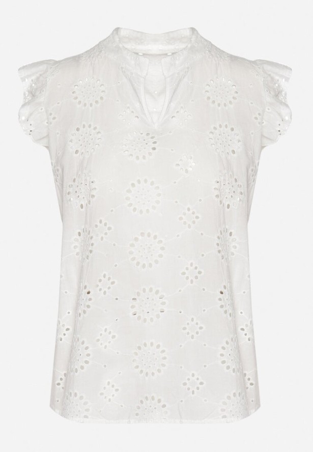 Biała Ażurowa Bluzka z Bawełny z Falbankami Emzekia