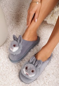 Szare Kapcie na Grubej Podeszwie z Króliczkiem Puppis