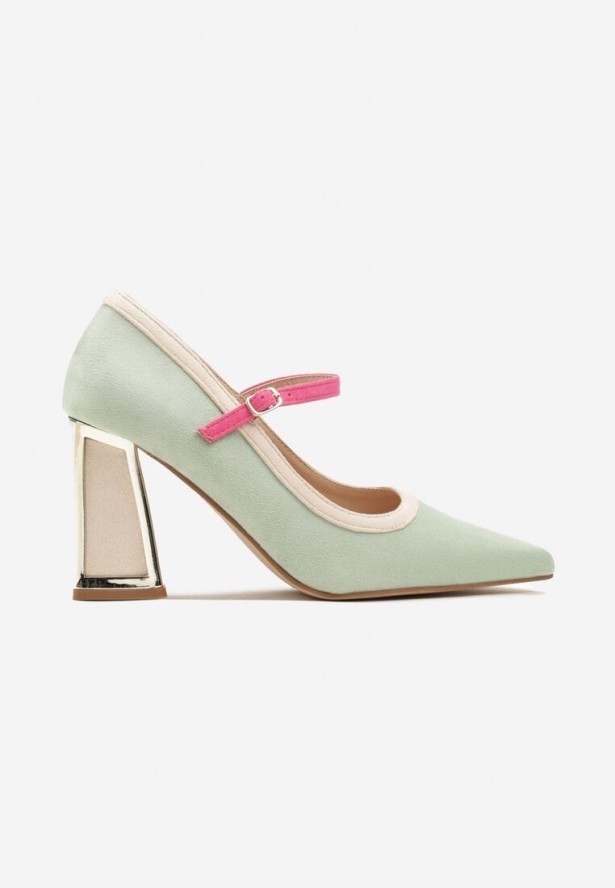 Jasnozielone Czółenka na Słupku z Metaliczną Wstawką i Paskiem Linnelea