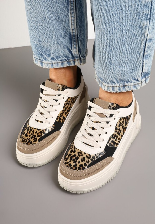 Beżowo-Brązowe Sneakersy na Tłoczonej Platformie Ozdobione Wzorem w Panterkę Deoranae