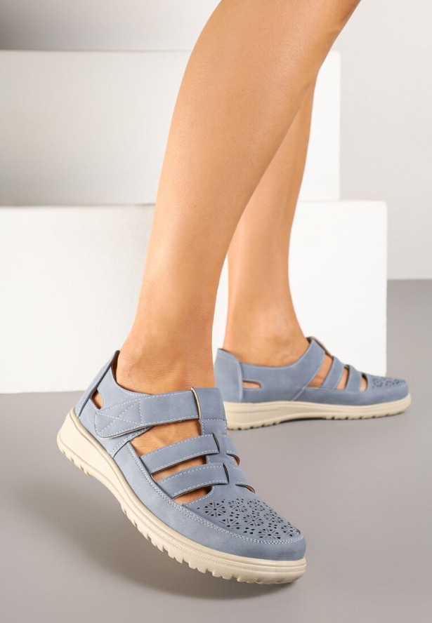 Niebieskie Sandały Ażurowe z Rzepem i Skórzaną Wkładką Telestra