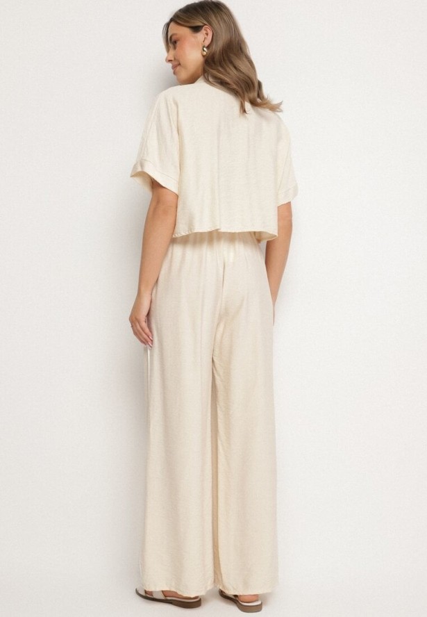 Jasnobeżowy Wiskozowy Komplet Krótka Koszula i Szerokie Spodnie Davitta