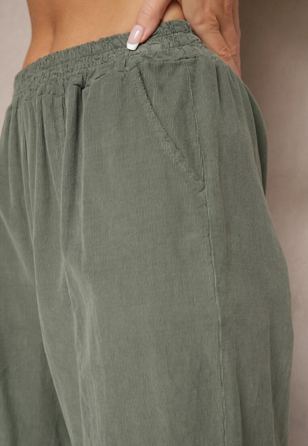 Ciemnozielone Bawełniane Spodnie High Waist w Klasycznym Stylu Arivora