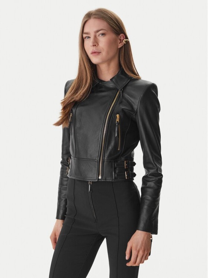 Elisabetta Franchi Kurtka skórzana GD-57Z-61E2-V1490 Czarny Regular Fit