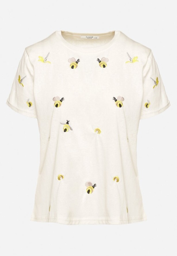 Beżowy T-shirt z Bawełny Ozdobiony Haftem Hiraviel