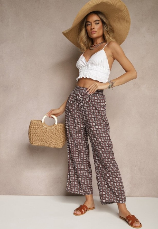 Czerwono-Szare Spodnie o Szerokim Kroju High Waist z Geometrycznym Wzorem Farisia