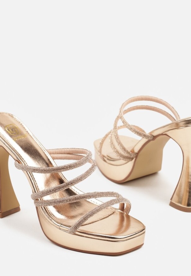 Szampańskie Klapki na Obcasie Typu Stożek Zdobione Cyrkoniami Pollavira