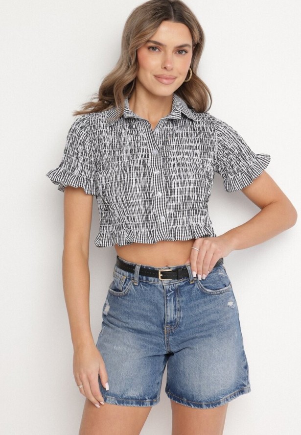 Czarna Elastyczna Koszula w Kratkę Vichy o Krótkim Kroju Sovzeri