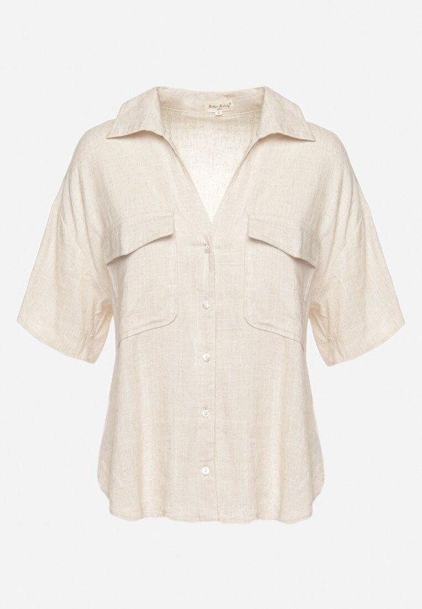 Jasnobeżowa Koszula Bawełniana z Lnem Zapinana na Guziki Surveni