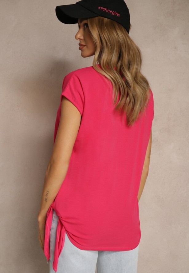 Różowy T-shirt z Bawełny z Ozdobnym Wiązaniem Termio