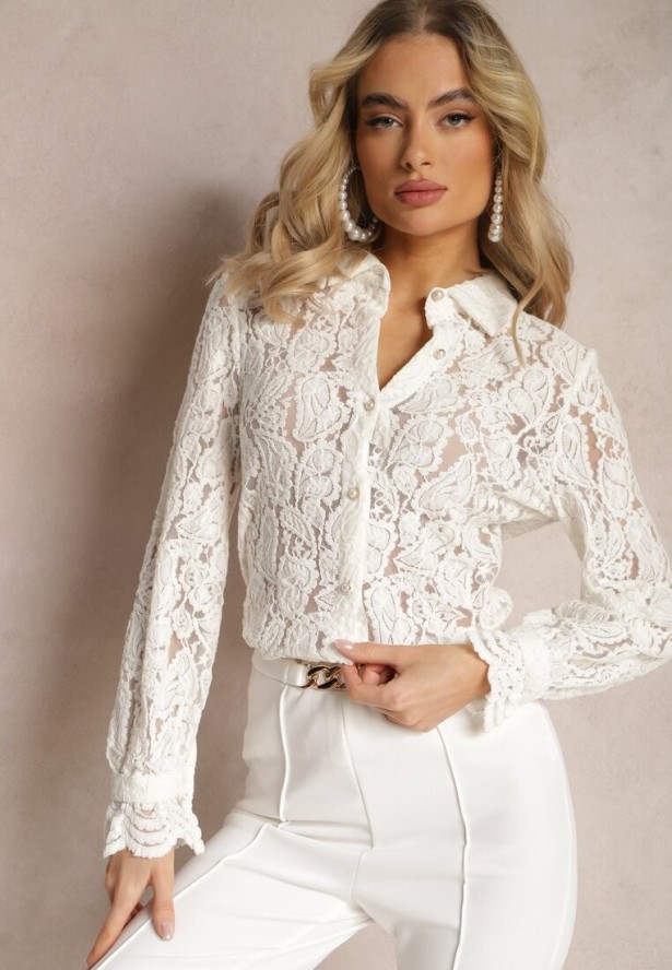 Biała Koszula Koronkowa na Guziki Acameda