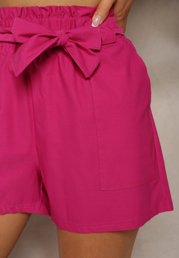 Fuksjowe Szorty Bermudy High Waist z Dodatkiem Bawełny Wiązane w Pasie Quisevia