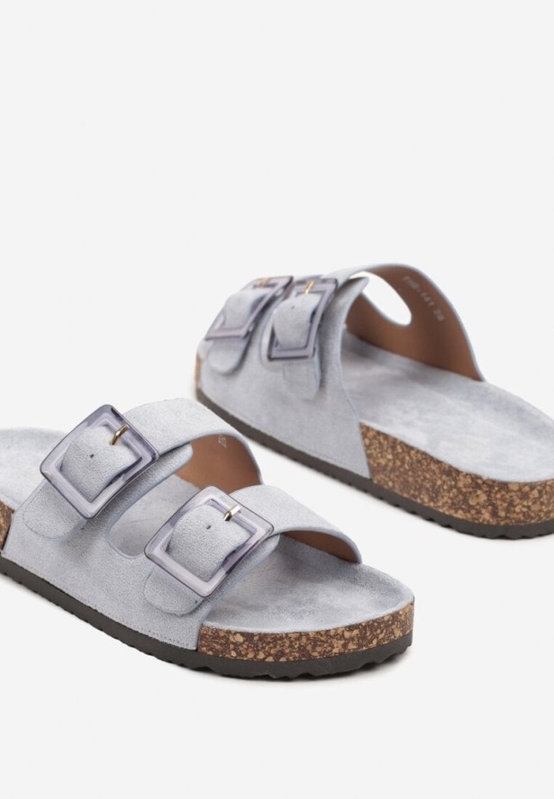 Niebieskie Klapki na Grubej Korkowej Podeszwie z Ozdobnymi Klamrami Telilora