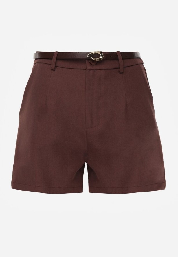Brązowe Szorty High Waist w Eleganckim Stylu z Cienkim Paskiem ze Sprzączką Rissarie