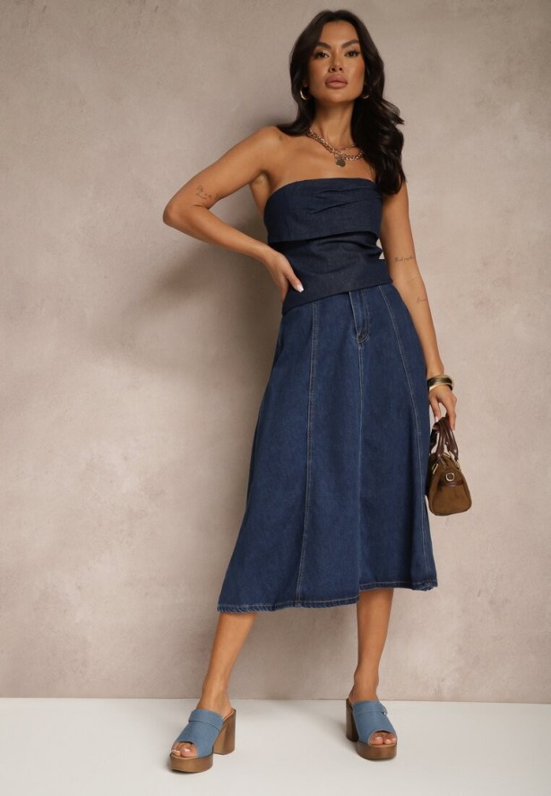 Granatowa Bawełniana Spódnica Jeansowa o Rozkloszowanym Kroju Bialitta