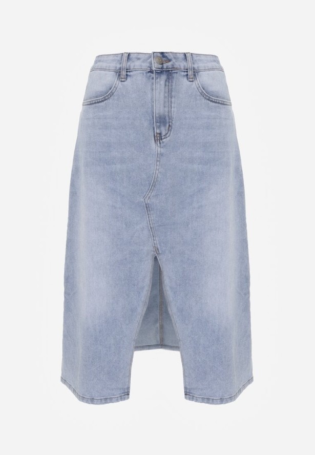 Niebieska Spódnica Jeansowa z Bawełną High Waist i Rozcięciem na Nogę Cinadessa