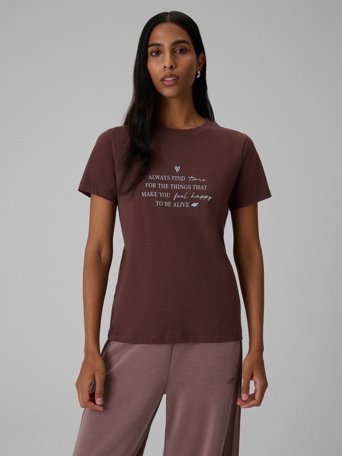 4F T-shirt regular z nadrukiem damski - brązowy L