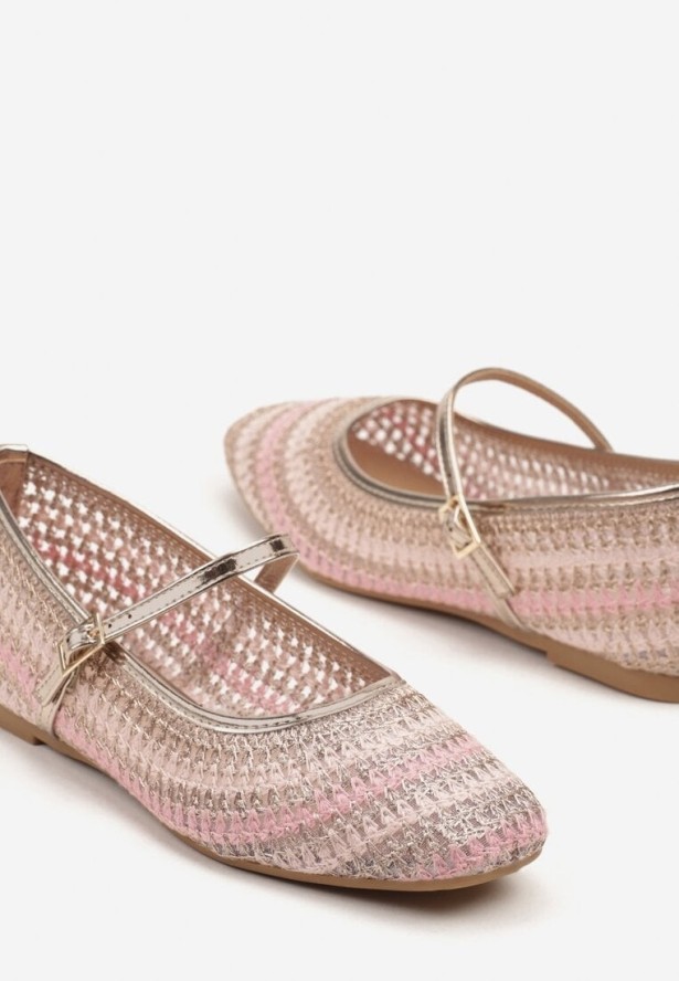 Różowo-Złote Balerinki w Stylu Mary Jane z Metaliczną Nicią Ilisalla