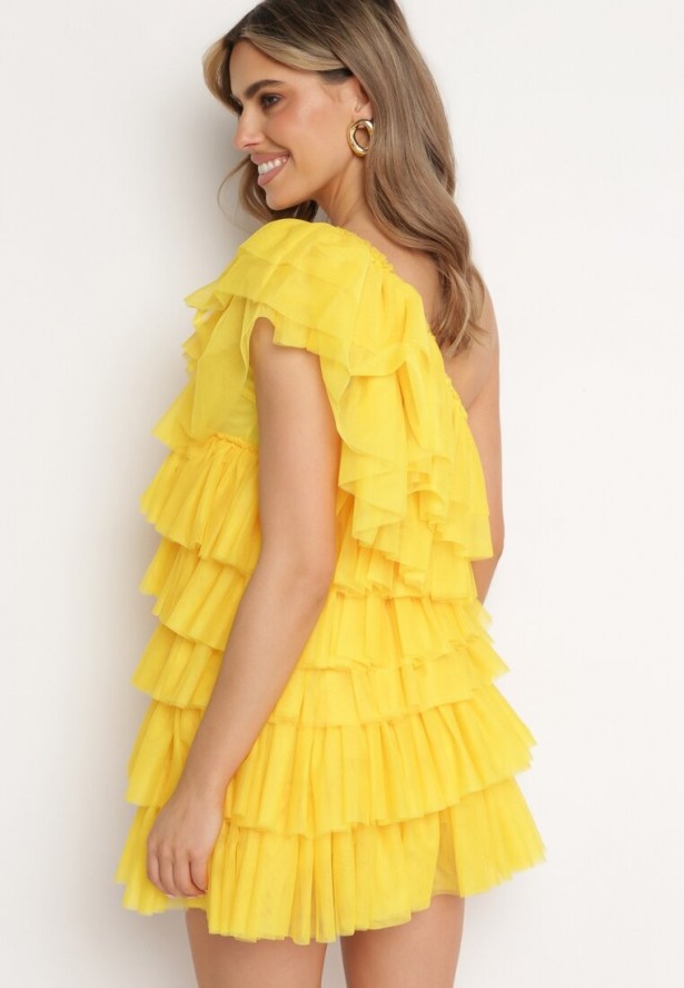 Żółta Sukienka Mini na Jedno Ramię Asymetryczna z Falbankami Nomenta
