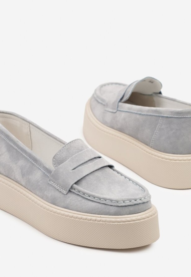 Niebieskie Skórzane Półbuty Mokasyny na Grubej Podeszwie Sadelise