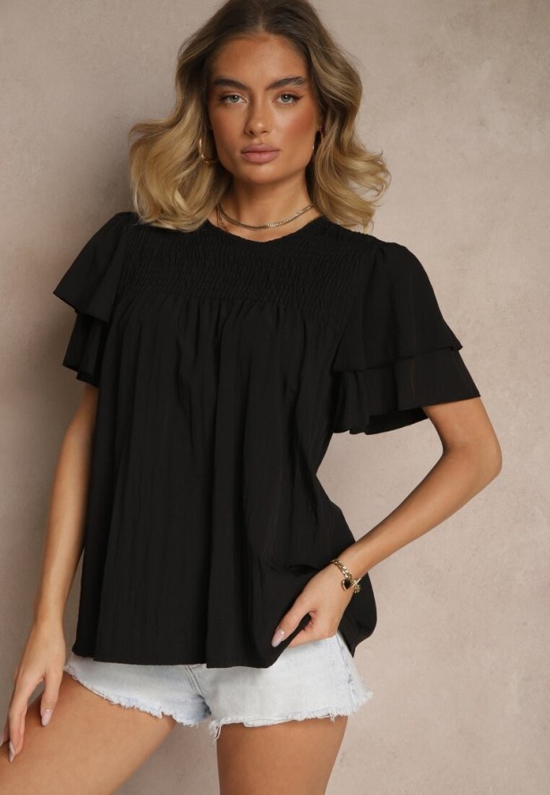 Czarna Trapezowa Bluzka z Wiskozą Zdobiona Falbankami i Elastyczną Wstawką Mirlimi