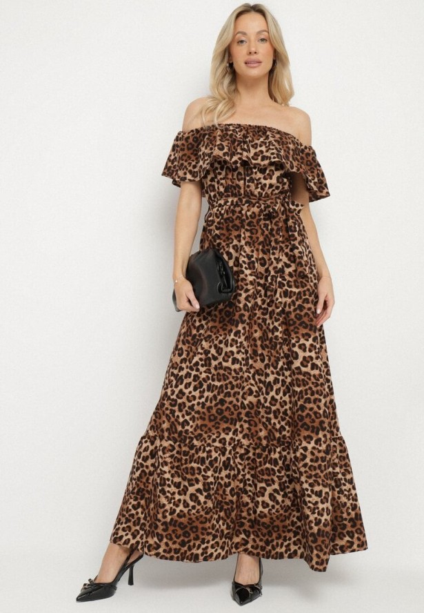 Brązowa Sukienka Hiszpanka w Panterkę o Rozkloszowanym Kroju z Gumką w Talii Giterta