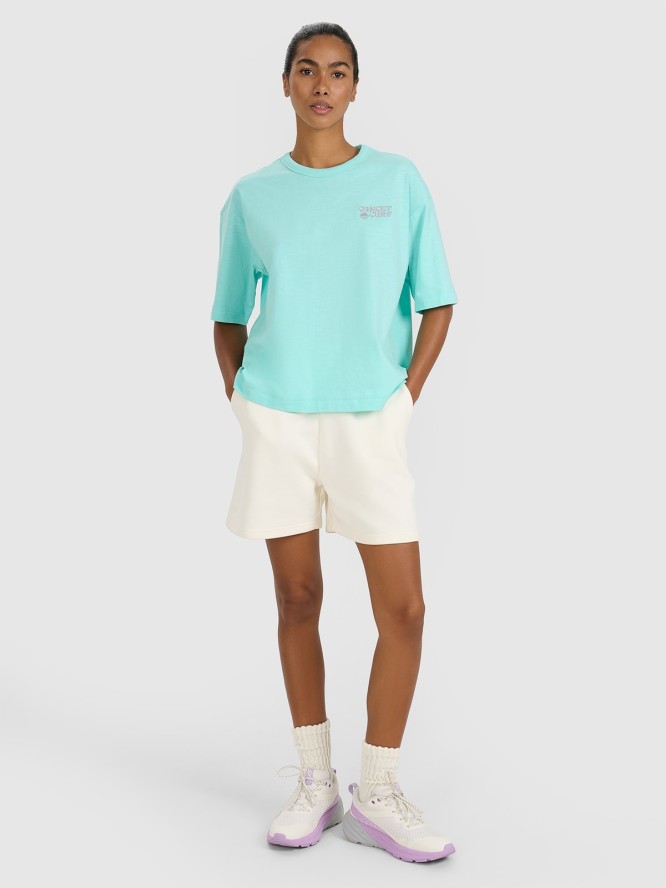 4F T-shirt oversize z nadrukiem damski - turkusowy XS