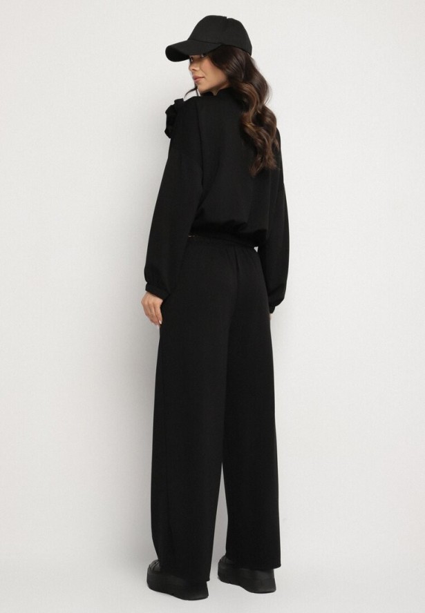 Czarny Komplet Dresowy z Wiskozą Szerokie Spodnie i Bluza ze Stójką i Broszką Redasena