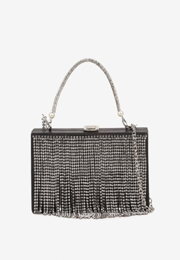 Czarna Torebka Wieczorowa Vices z Łańcuszkiem i Rączką Zdobiona Cyrkoniami Amonne