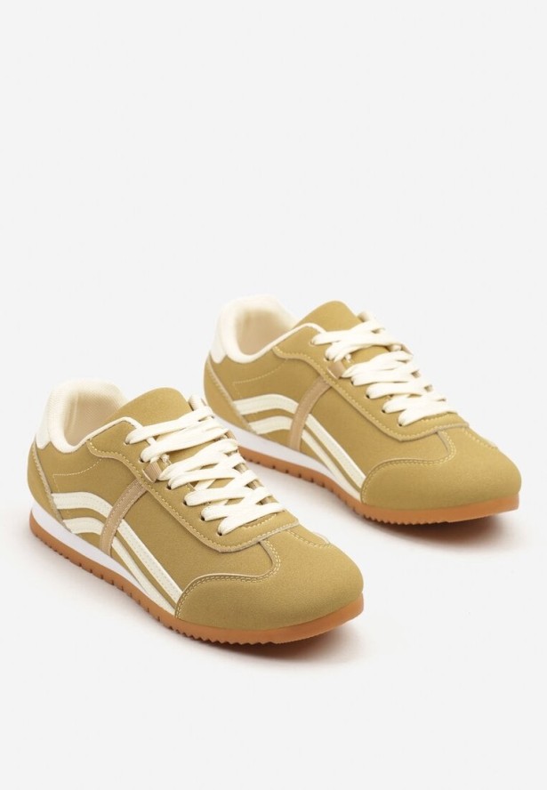 Żółte Sneakersy z Przeszyciami i Ozdobnymi Paskami na Boku Beniffa