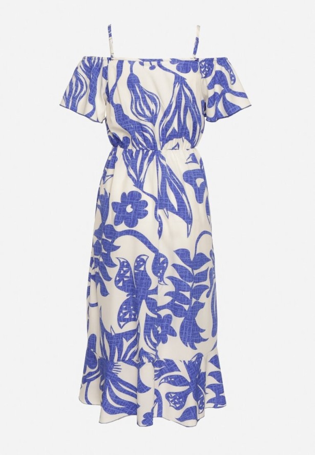 Niebiesko-Biała Sukienka Typu Hiszpanka na Ramiączkach z Gumką w Pasie i Kopertowym Dołem Nellithine