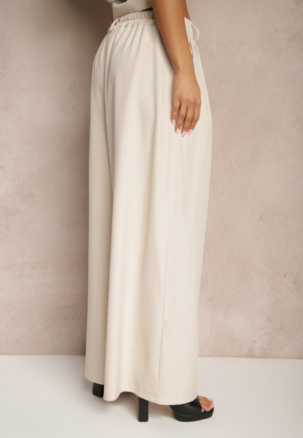 Beżowe Eleganckie Spodnie Palazzo z Szerokimi Nogawkami Adivisa