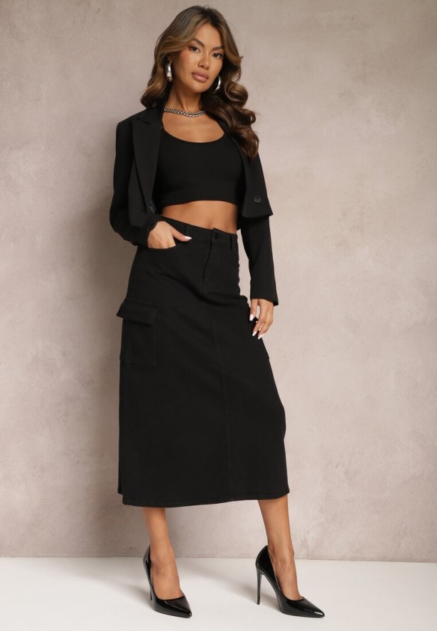 Czarna Spódnica Jeansowa Midi Typu Cargo z Kieszeniami Dyleta