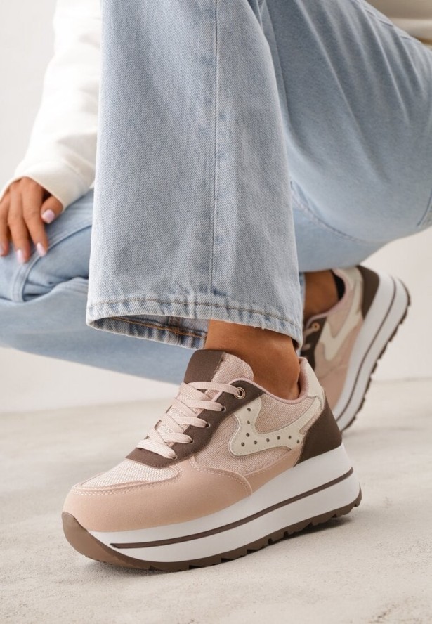 Różowe Sneakersy na Grubej Podeszwie z Perforacją i Tweedowymi Wstawkami Idaphyphe