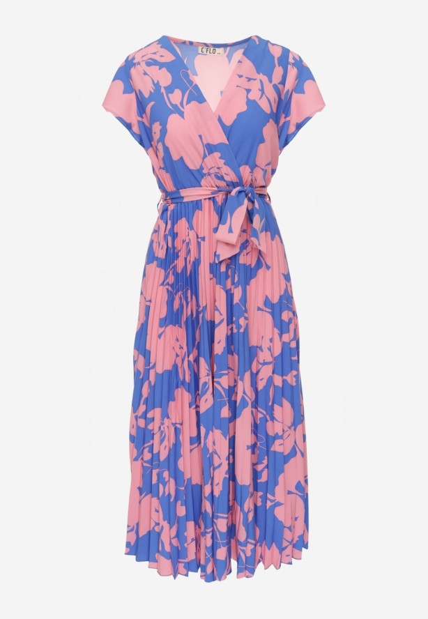 Niebiesko-Różowa Kopertowa Plisowana Sukienka Koktajlowa z Gumką i Paskiem w Talii Benelsea