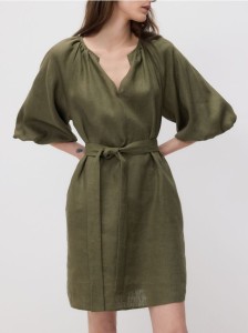 Lniana sukienka z wiązaniem - oliwkowy