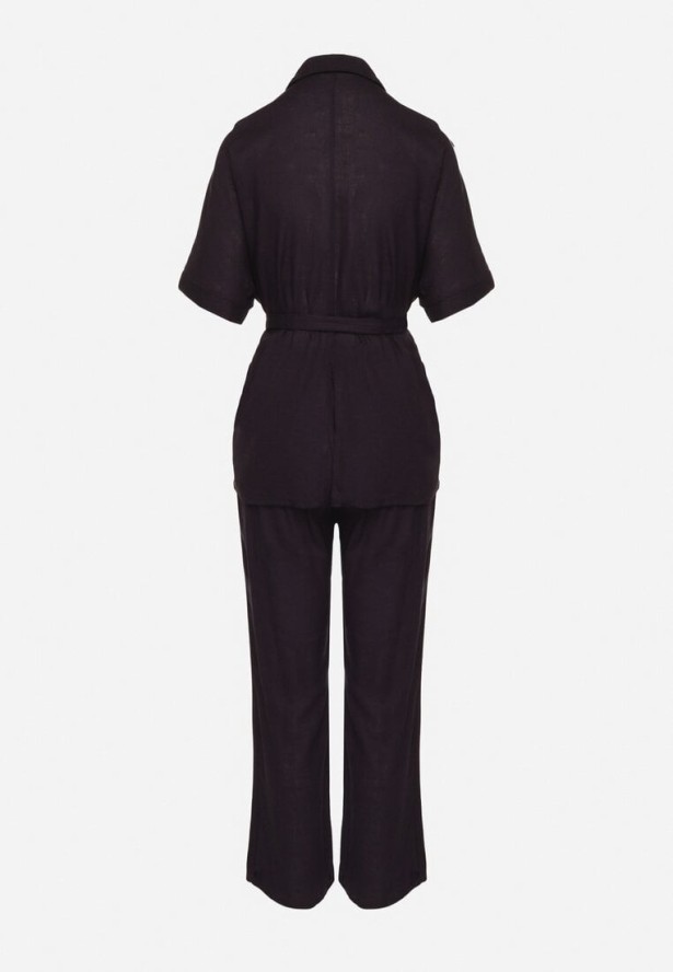 Granatowy Komplet z Wiskozą Lnem Koszula z Paskiem i Szerokie Spodnie Galorisa