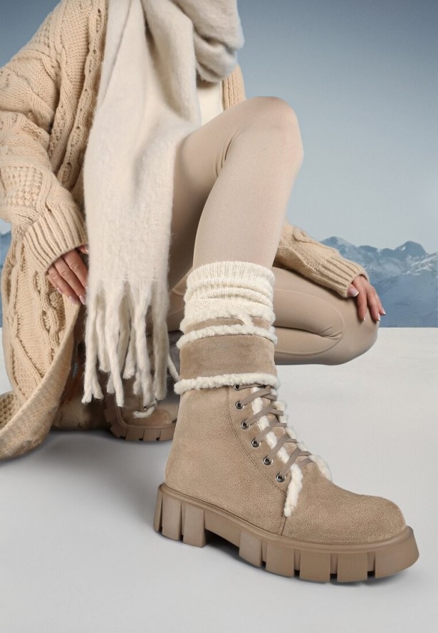 Ciemnobeżowe Botki Workery z Futerkiem Kyame