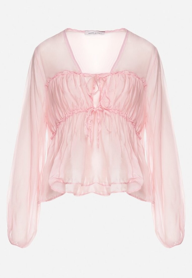 Różowa Transparentna Bluzka z Wiskozą i Wiązaniem Zarestra