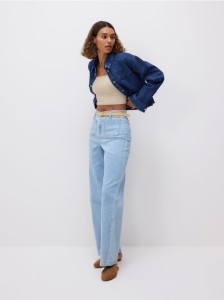 Jeansy wide leg z paskiem - niebieski