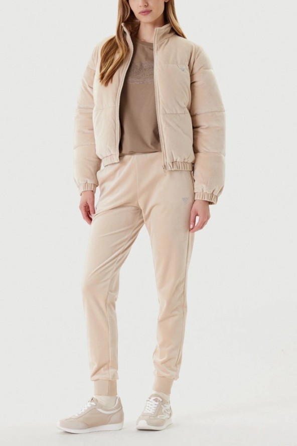 GUESS Beżowa zamszowa damska kurtka Couture Puffer, Rozmiar L