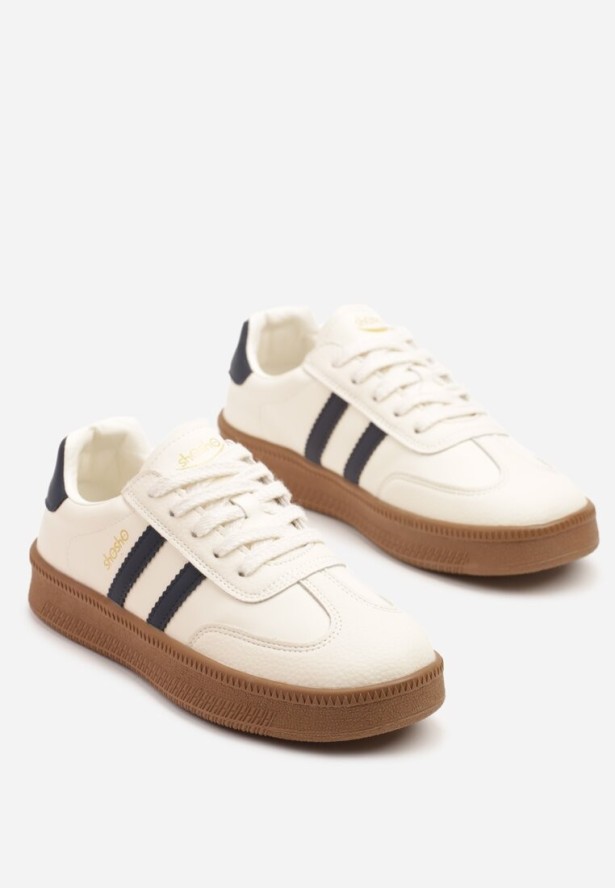 Beżowo-Granatowe Sneakersy Sportowe z Ozdobnymi Paskami i Przeszyciami Wenilan