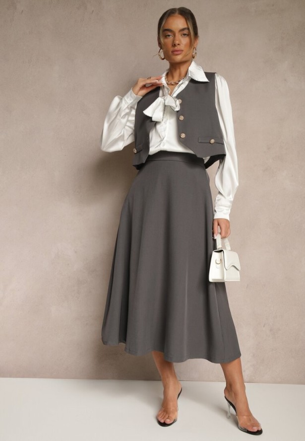 Szary 3- Częściowy Komplet Spódnica Kamizelka z Guzikami Koszula Ozdobiona Wiązaniem Avanessae