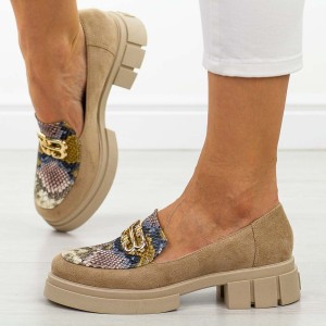 Beżowe zamszowe Polskie mokasyny damskie Deoni D001