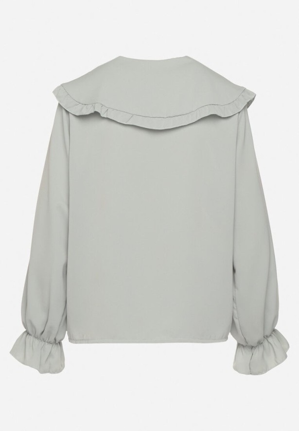 Jasnozielona Koszula z Ozdobnym Kołnierzykiem i Falbankami Emilarae