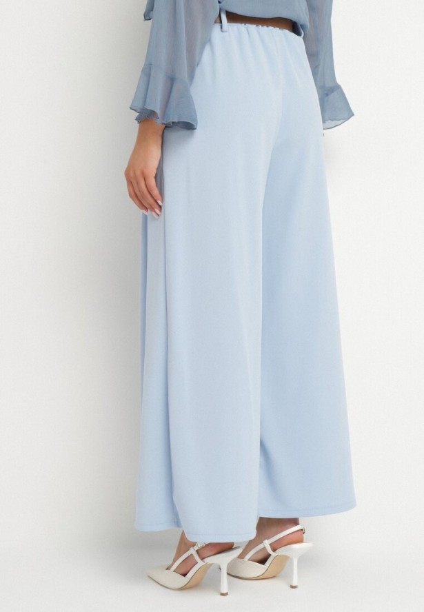 Jasnoniebieskie Szerokie Spodnie z Wysokim Stanem i Paskiem Rasalla