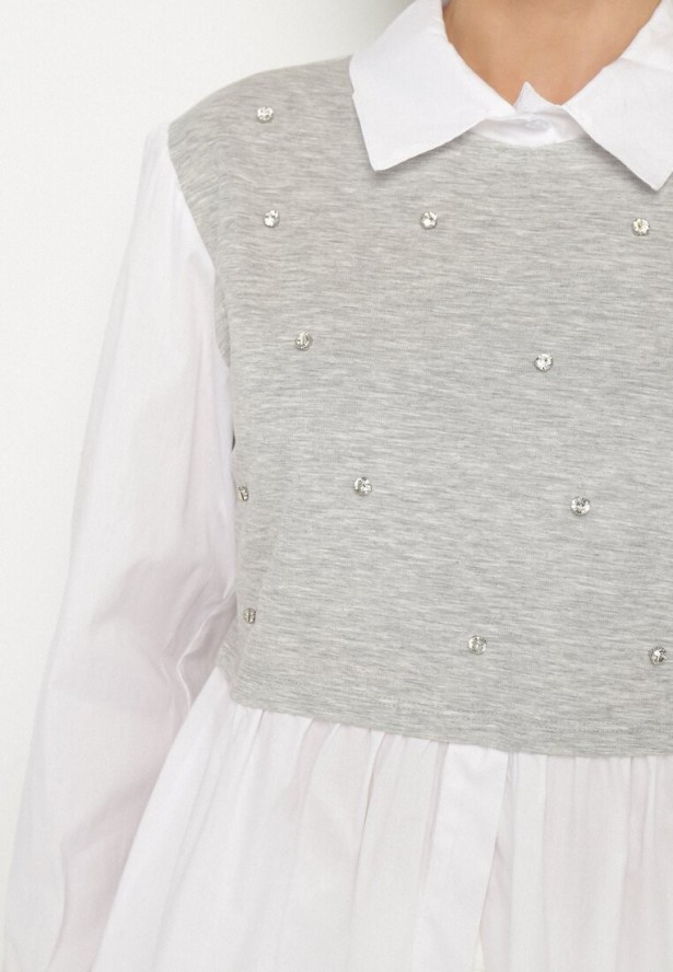 Szara Rozkloszowana Bluzka Koszulowa z Wiskozą z Wszytą Kamizelką z Cyrkoniami Uliaviela